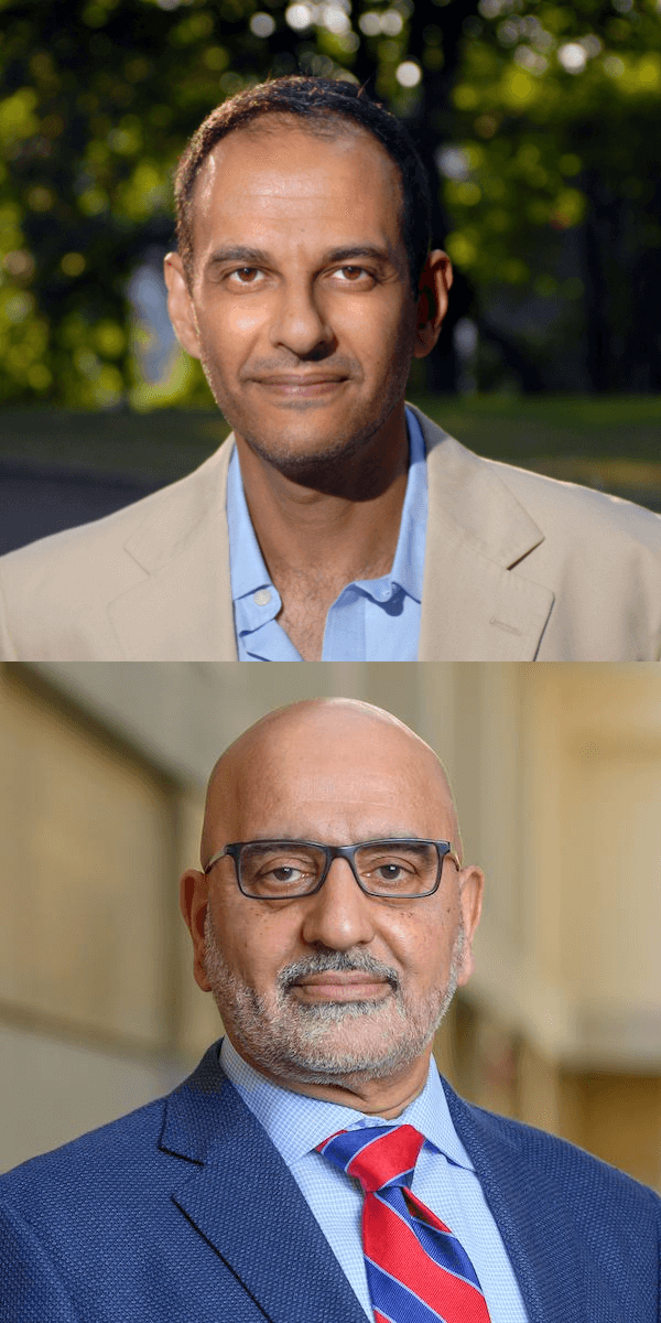 Portraits of two men. Moustafa Bayoumi wears a tan jacket with a blue shirt. The top button is open. Ebrahim Moosa wears a boldly striped tie and eyeglasses. Both look directly into the camera with a slight smile.